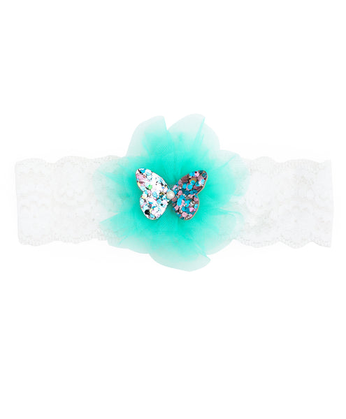 Glitter Butterfly on Pom Pom Headband - Light Blue