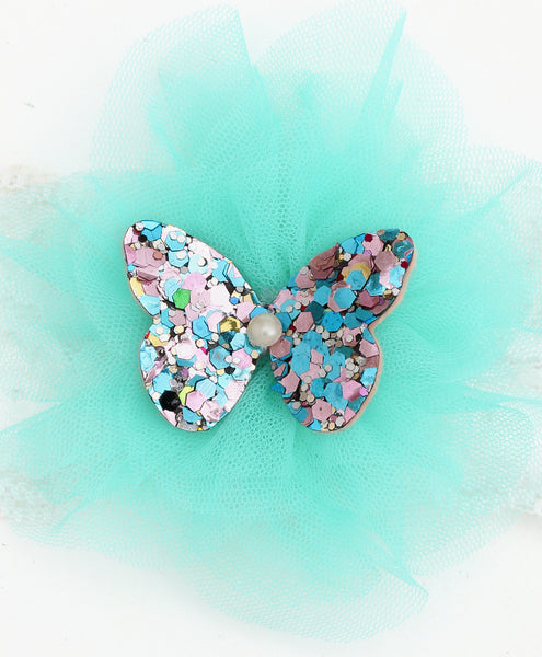 Glitter Butterfly on Pom Pom Headband - Light Blue