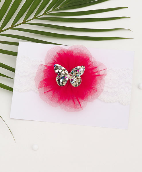 Glitter Butterfly on Pom Pom Headband - Red