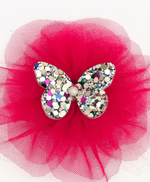 Glitter Butterfly on Pom Pom Headband - Red