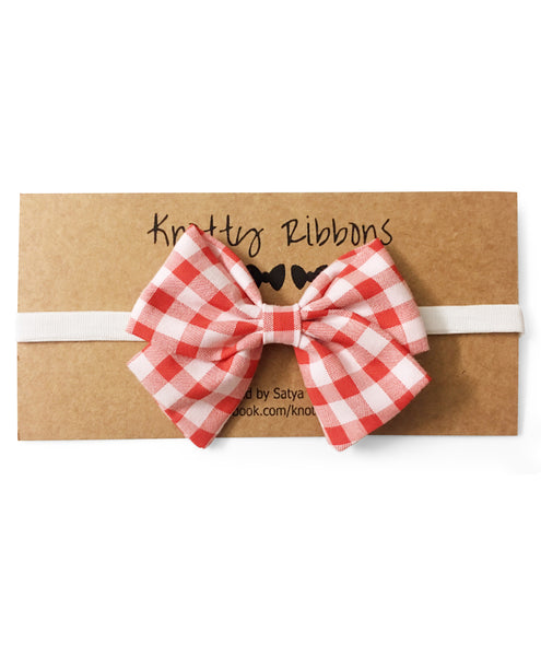 Checks School Bow Headband - Red