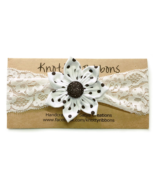 Polka Dots Big Flower Hairband - White