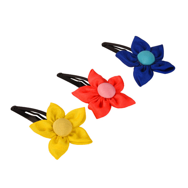 Handmade Flower Hair Clips Set - Pink, Blue & Yellow