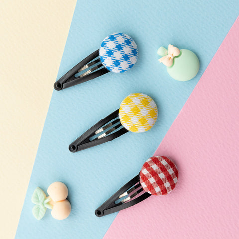 Checkered Button Hair Clip Set- Blue, Yellow & Red