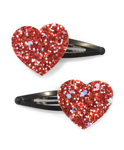 Glitter Heart Hair Clips - Red