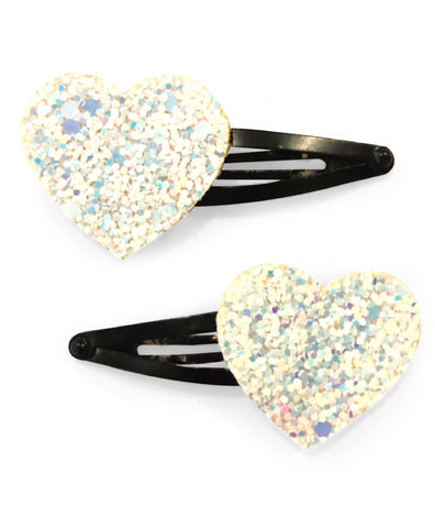 Glitter Heart Hair Clips - White