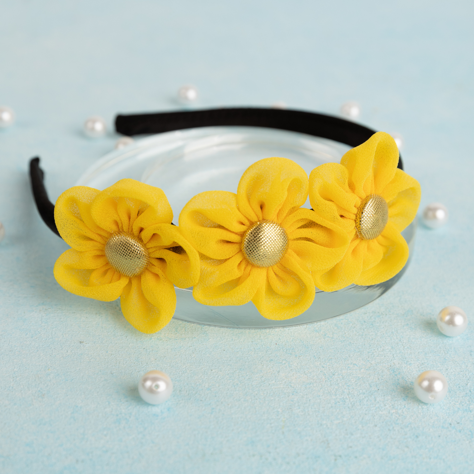 Handmade Chiffon Four Flower Headband - Yellow