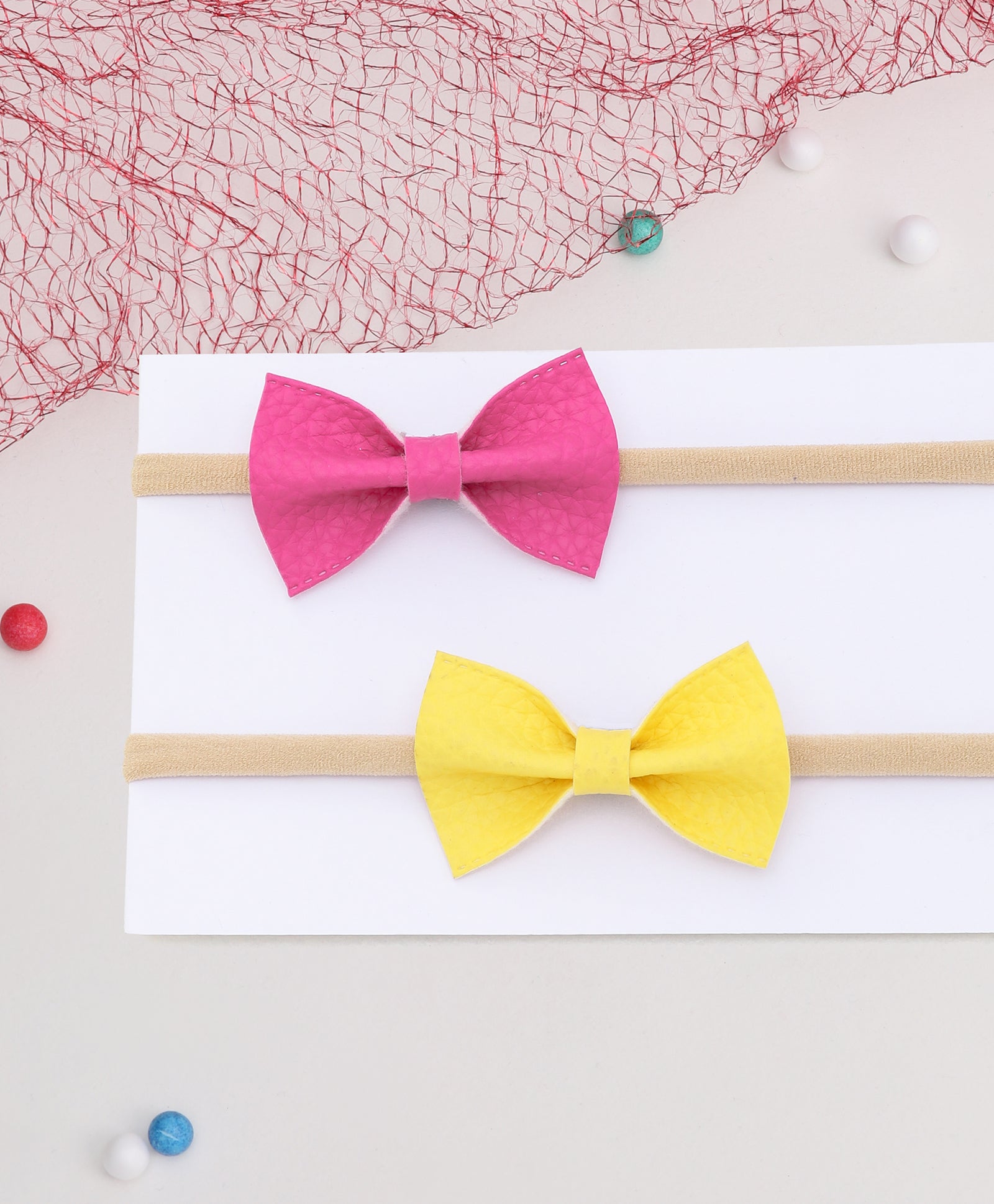 Leather Bow Headband Set - Dark Pink & Yellow