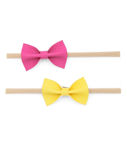 Leather Bow Headband Set - Dark Pink & Yellow