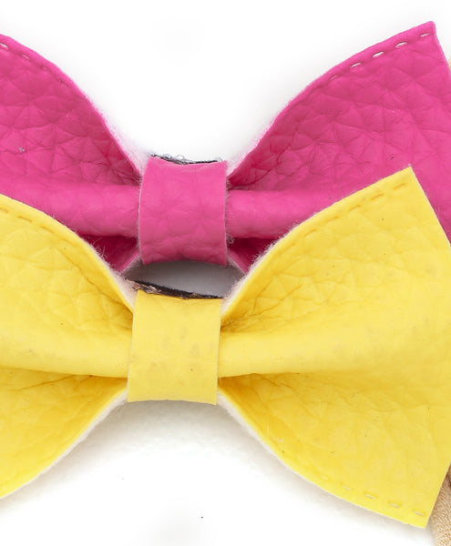 Leather Bow Headband Set - Dark Pink & Yellow