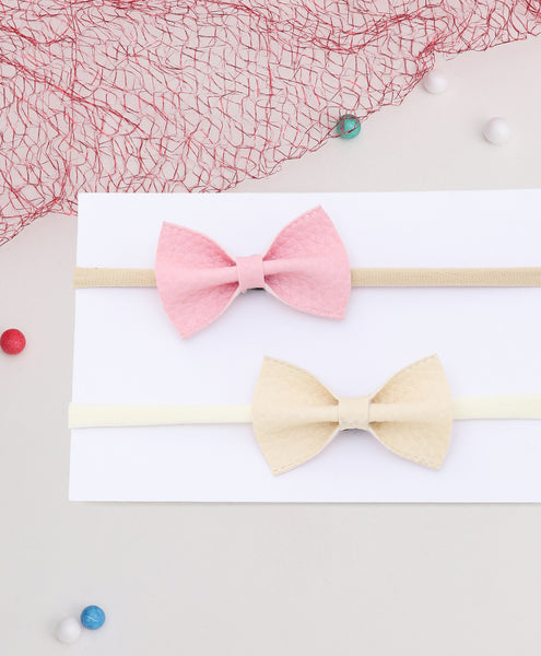 Leather Bow Headband Set - Light Pink & Off-White