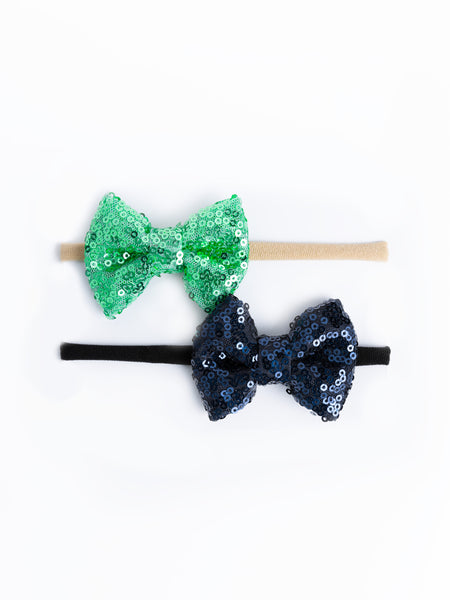 Sequin Party Bow Headband Set - Dark Blue & Mint