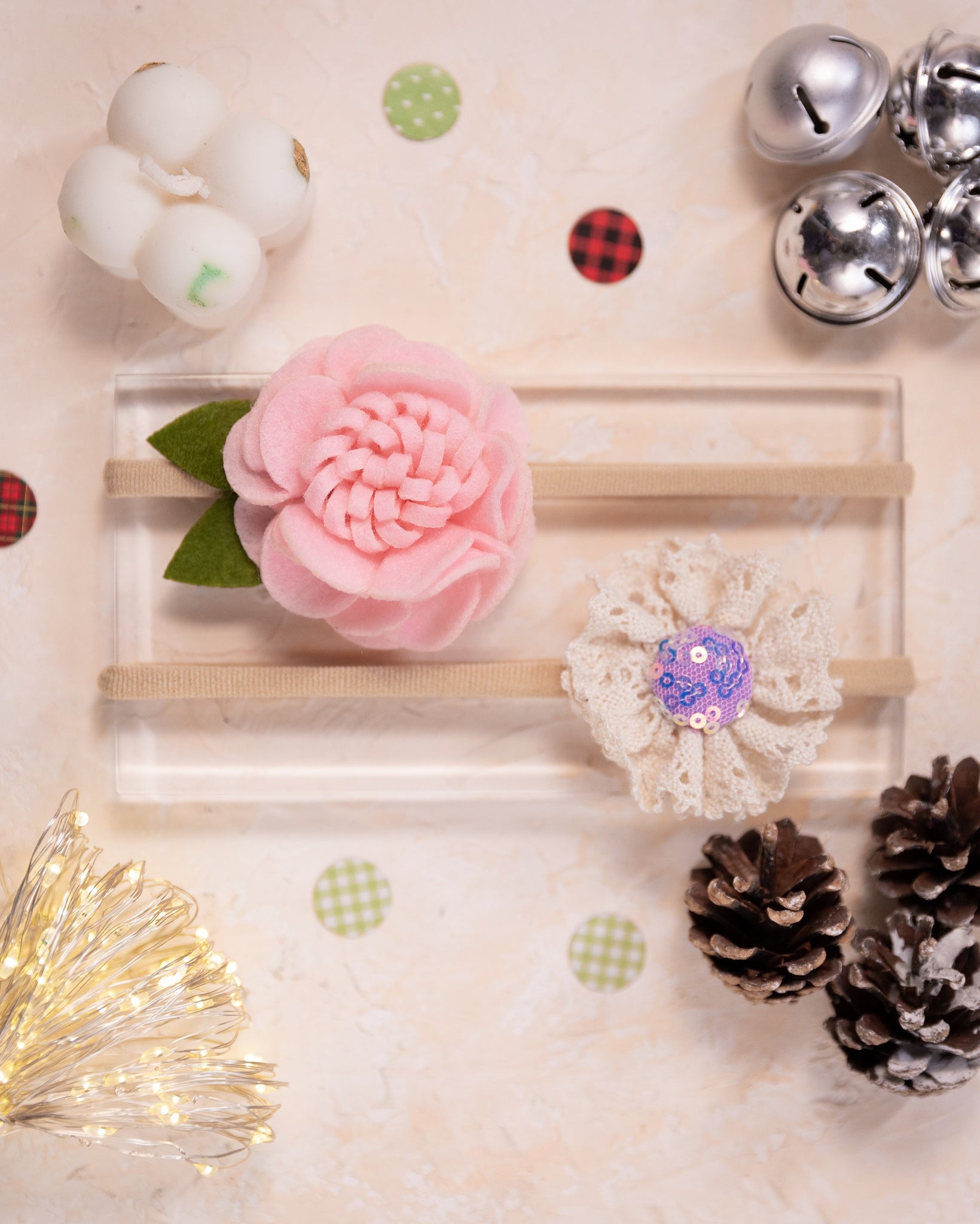 Felt & Lace Flower Baby Headband Set- Light Pink & White