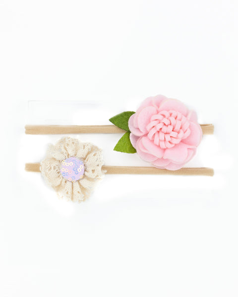 Felt & Lace Flower Baby Headband Set- Light Pink & White