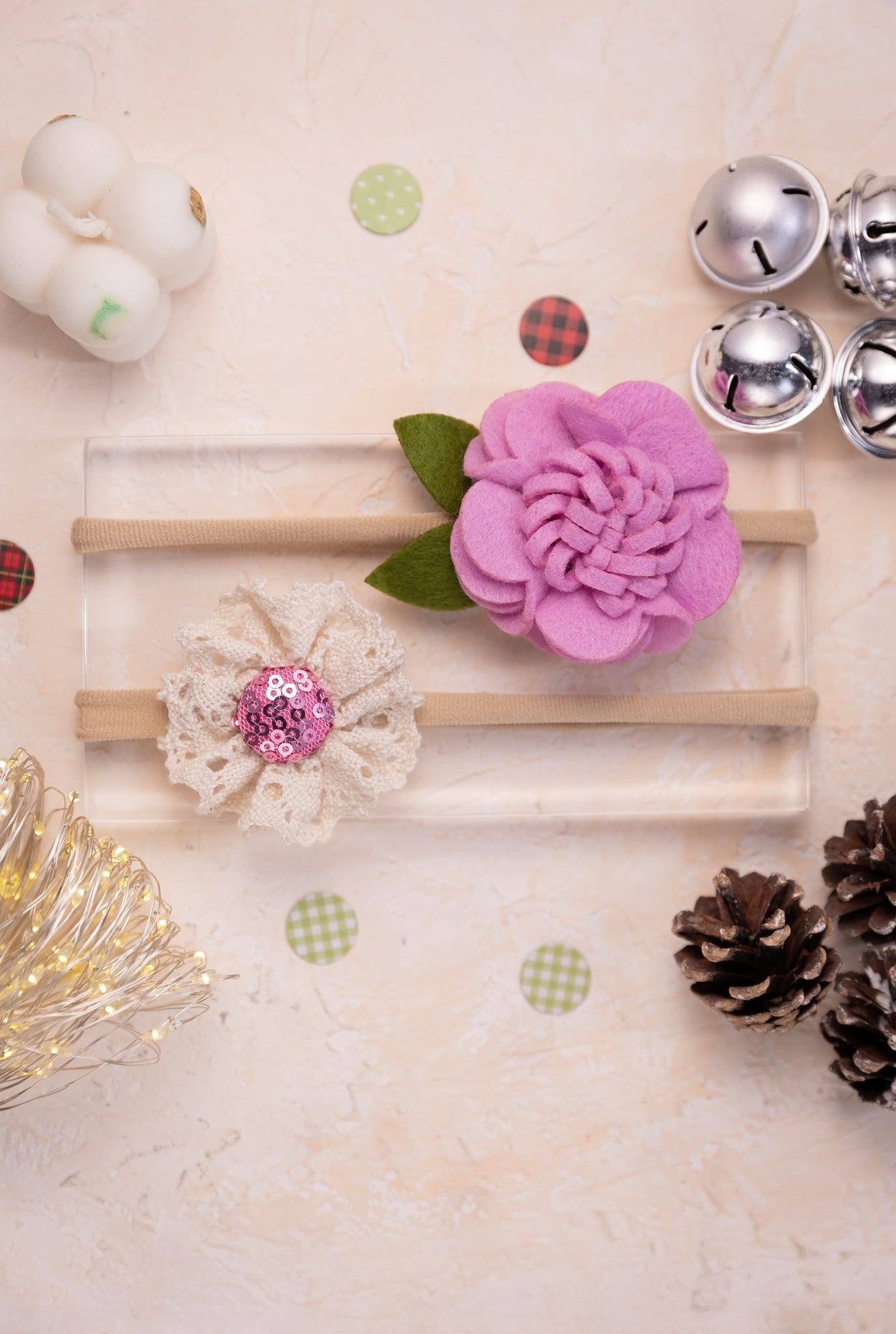 Felt & Lace Flower Baby Headband Set- Lavender & White