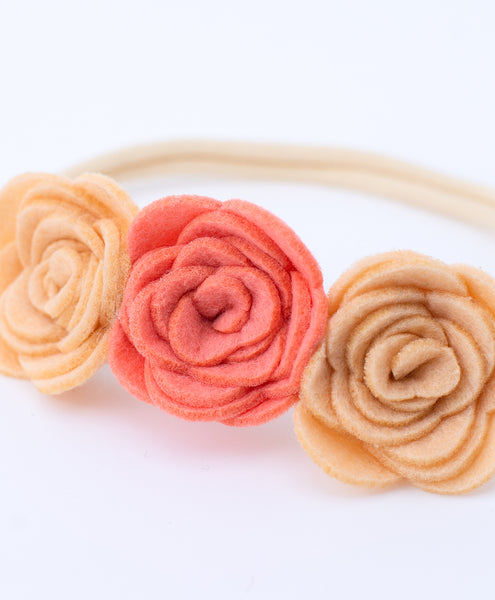 Felt Three Rose Newborn Headband - Peach