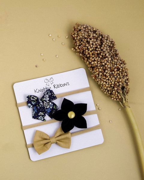 Flower & Bow Headband Set - Dark Blue, Black & Khaki