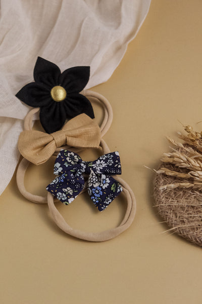 Flower & Bow Headband Set - Dark Blue, Black & Khaki