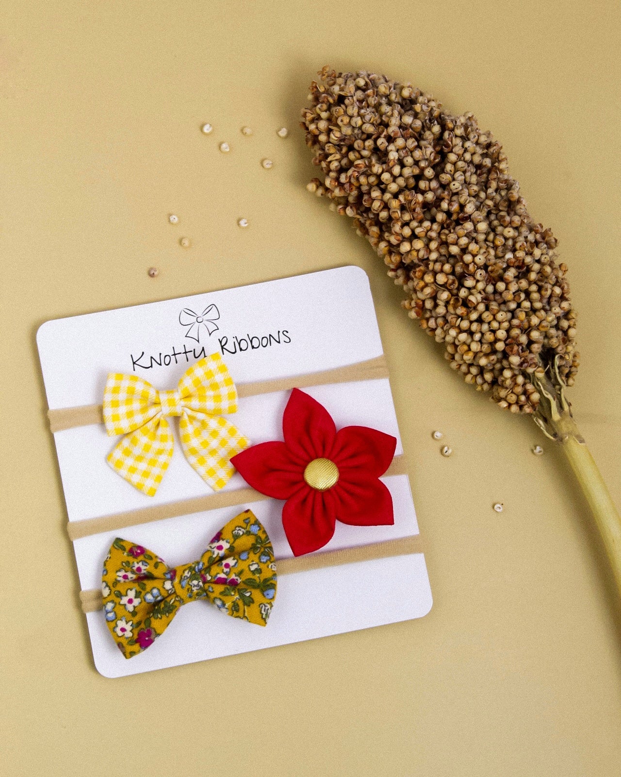 Flower & Bow Headband Set - Yellow ,Dark Pink & Mustard