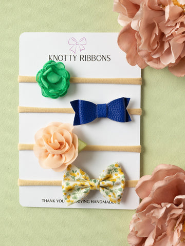 Flower & Floral Bow Headband Set- Green, Blue & Peach