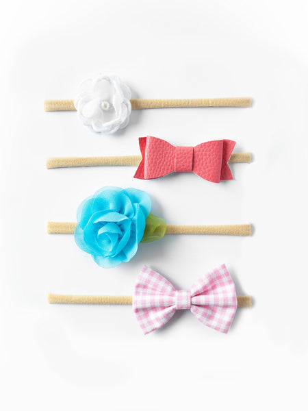 Flower & Checkered Bow Headbands for Newborns- White, Pink & Blue