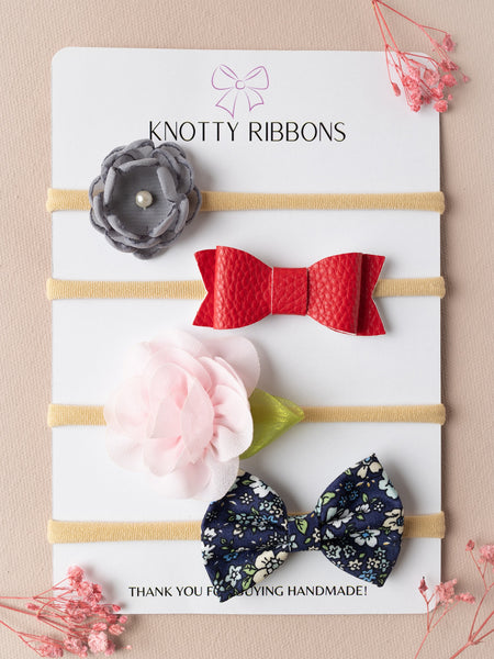 Flower & Floral Bow Headband Set- Gray, Red, Pink & Dark Blue