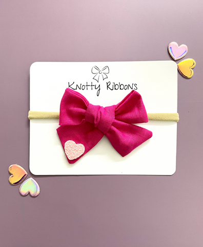 Heart Applique Knot Bow Headband - Dark Pink