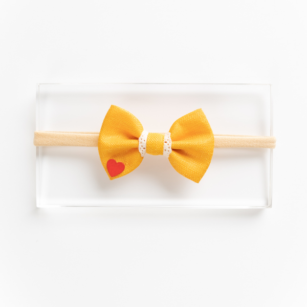 Heart Applique Bow Newborn Headband- Yellow