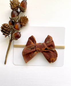 Floral Corduroy Knot Bow Nylon Headband - Brown