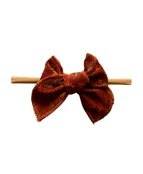 Floral Corduroy Knot Bow Nylon Headband - Brown