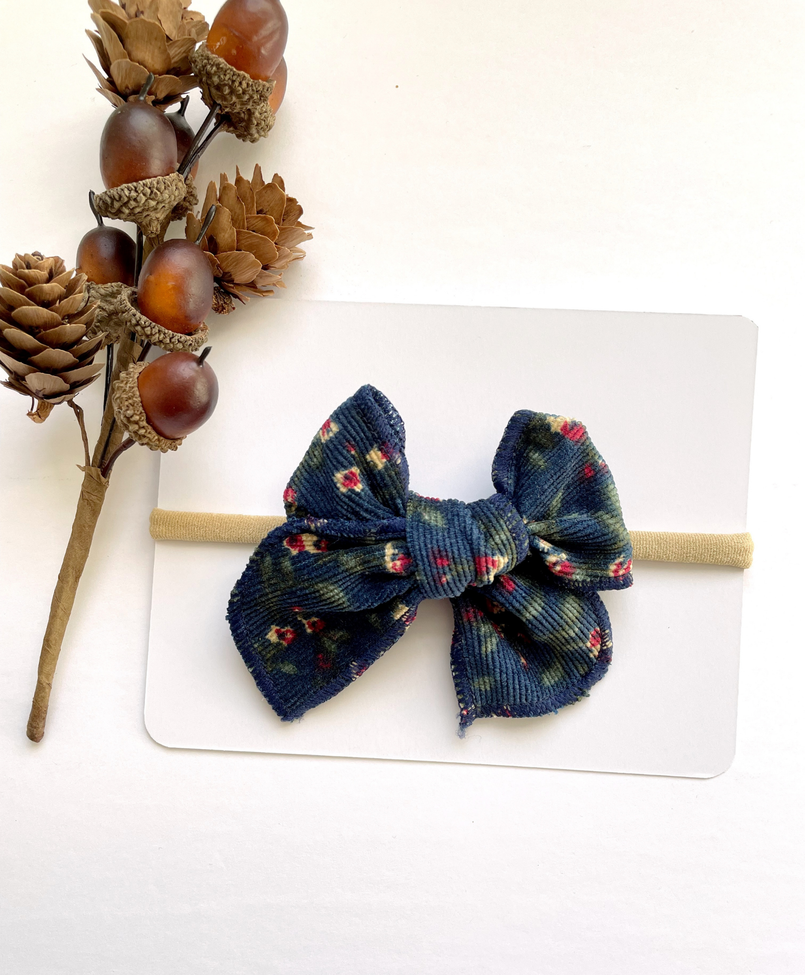 Floral Corduroy Knot Bow Nylon Headband - Dark Blue