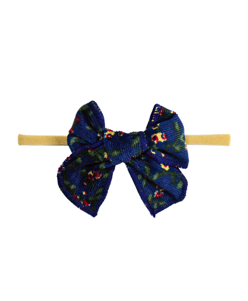 Floral Corduroy Knot Bow Nylon Headband - Dark Blue