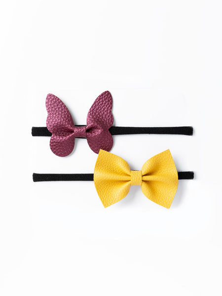 Leather Butterfly & Bow Headband Set- Yellow & Maroon