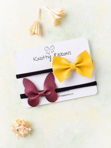 Leather Butterfly & Bow Headband Set- Yellow & Maroon