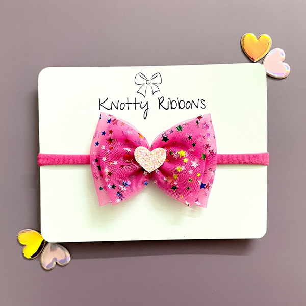 Double Bow Heart Applique Headband- Neon Pink