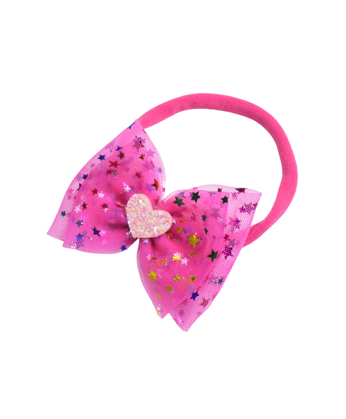 Double Bow Heart Applique Headband- Neon Pink