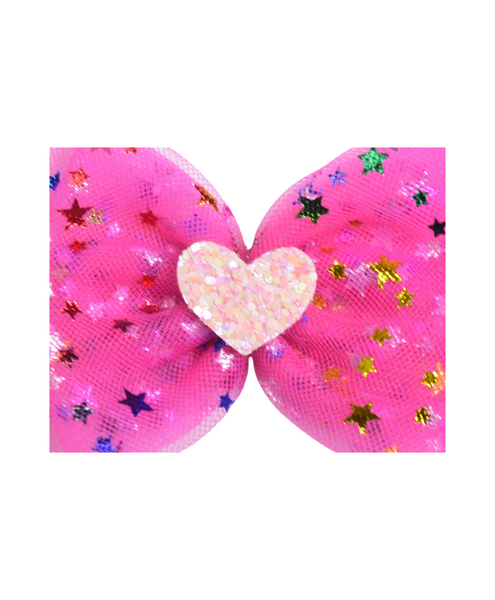 Double Bow Heart Applique Headband- Neon Pink