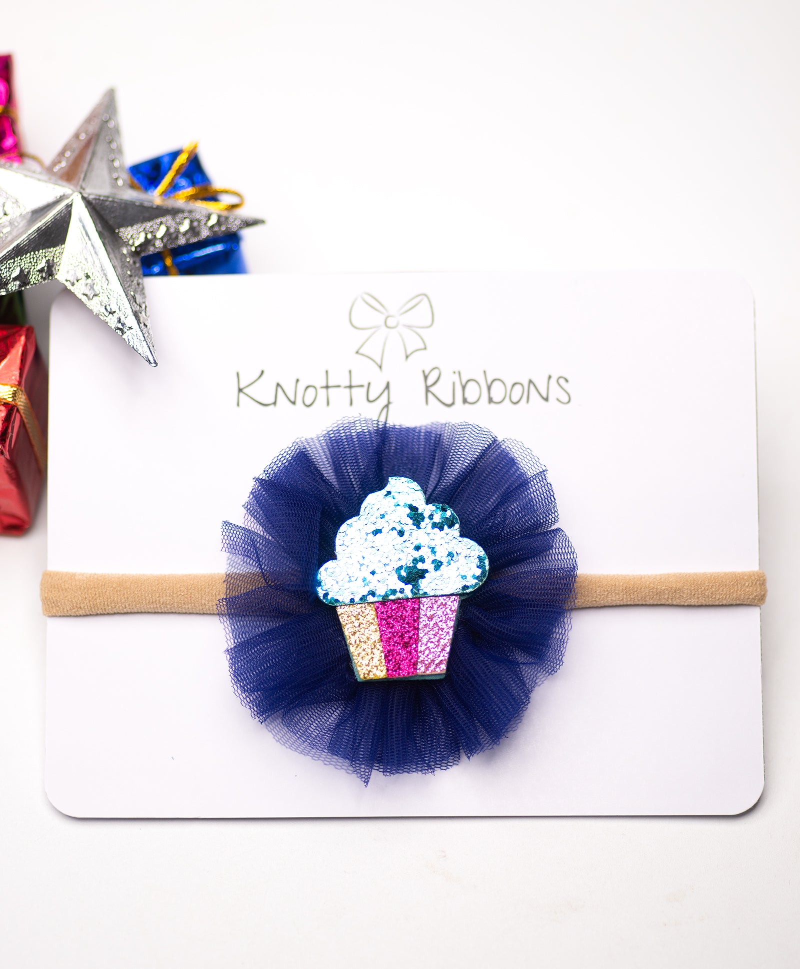 Glitter Cupcake on Pom Pom Headband - Dark Blue