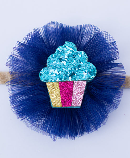 Glitter Cupcake on Pom Pom Headband - Dark Blue