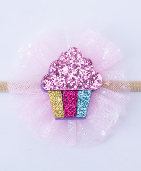 Glitter Cupcake on Pom Pom Headband - Light Pink