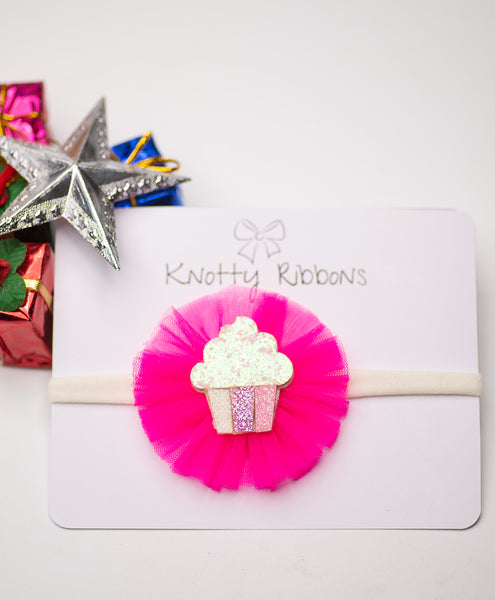 Glitter Cupcake on Pom Pom Headband - Neon Pink