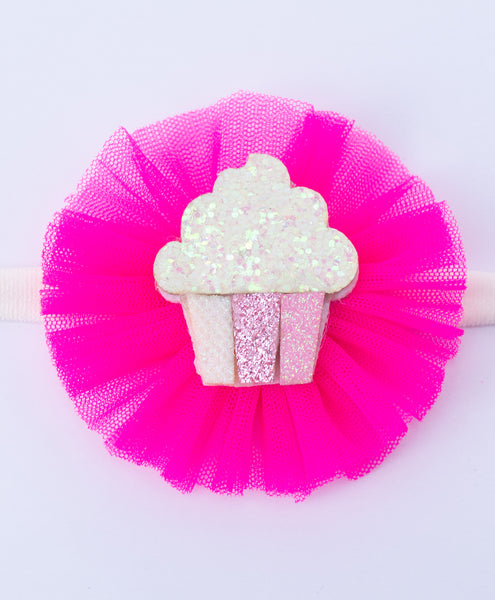 Glitter Cupcake on Pom Pom Headband - Neon Pink