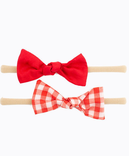 Checked Knot Bow Headband Set - Red