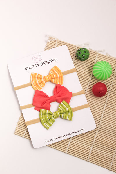 Striped School & Classic Bow Headband Set - Yellow, Red & Green