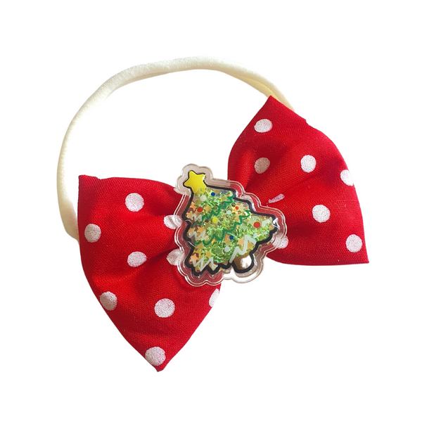 Polka Dots Christmas Tree Bow Headband- Red