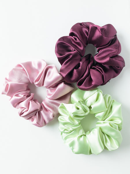 Satin Silk Scrunchies Set - Pink, Light Green & Purple