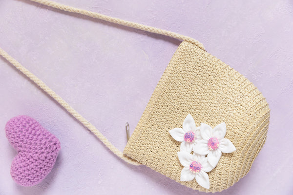 Kids Straw Sling Bag - Beige with White Flowers